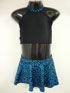 Black lycra halter neck top with blue sequin neck band.
Blue sequined matching skirt.