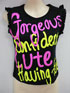 Black singlet top with fluro writing.
Also available in pink singlet.