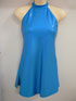 Blue hologram halter neck dress with side splits.