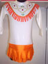 Cowgirl Costume.
White long sleeved leotard with orange fringing and sequin design on bodice, orange lycra skirt.